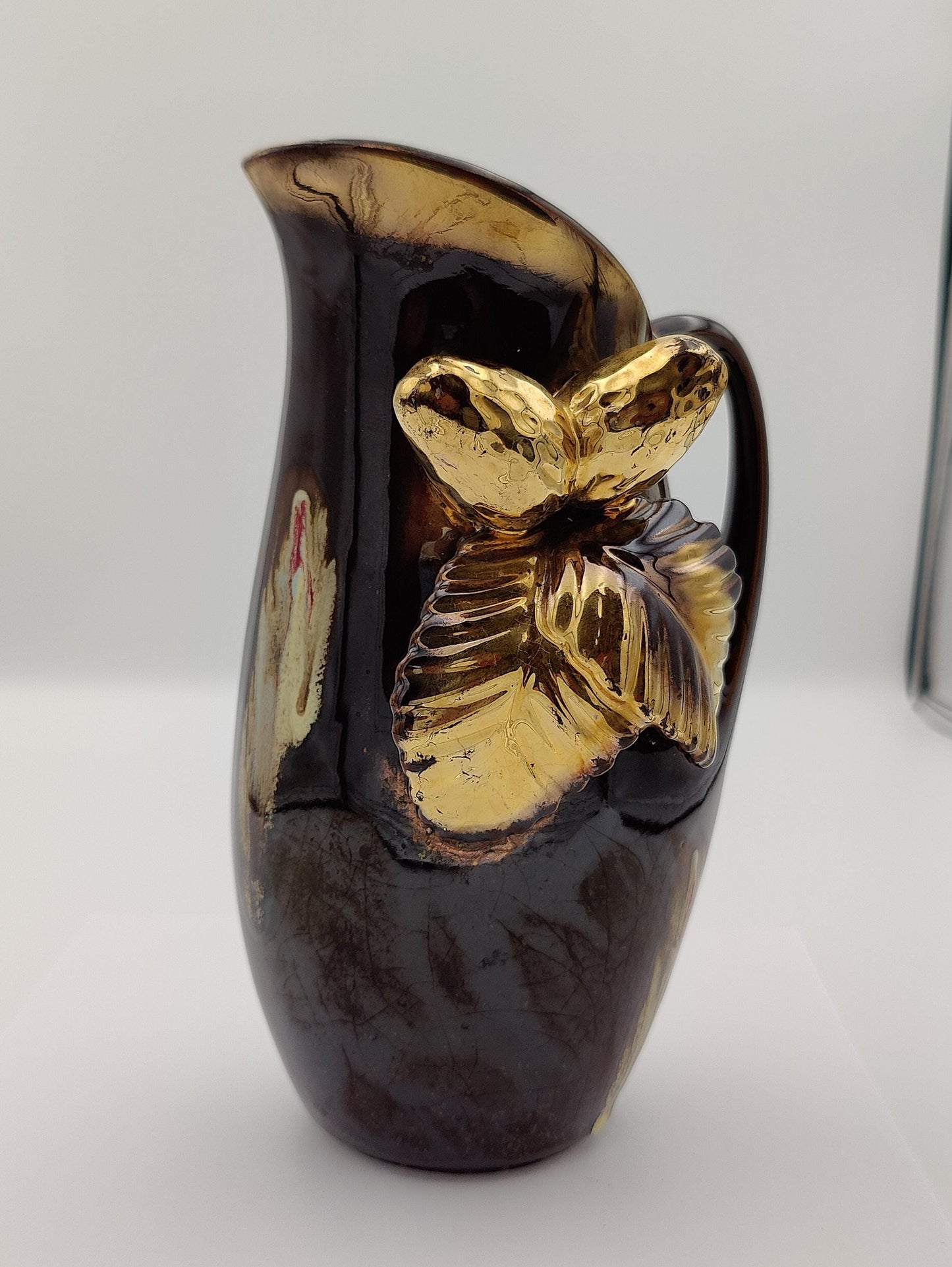8.5"H Vintage Golden Bronze Chesnut and Leaf Vase
