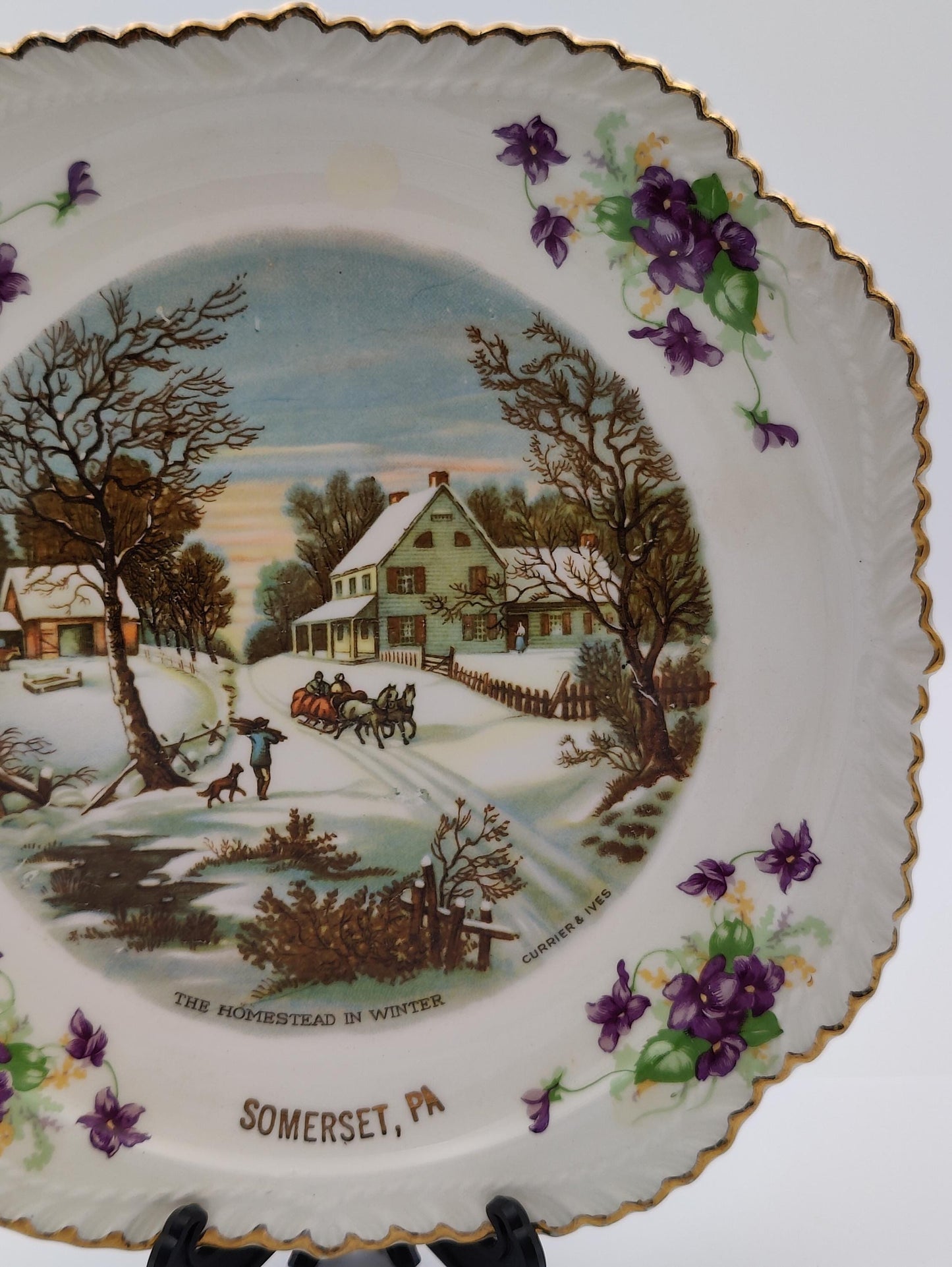 Currier And Ives Homestead in Winter 8"D Gold Edge Sommerset, PA. Vintage Collector Plate