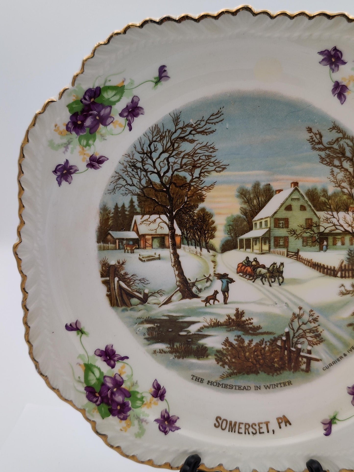 Currier And Ives Homestead in Winter 8"D Gold Edge Sommerset, PA. Vintage Collector Plate