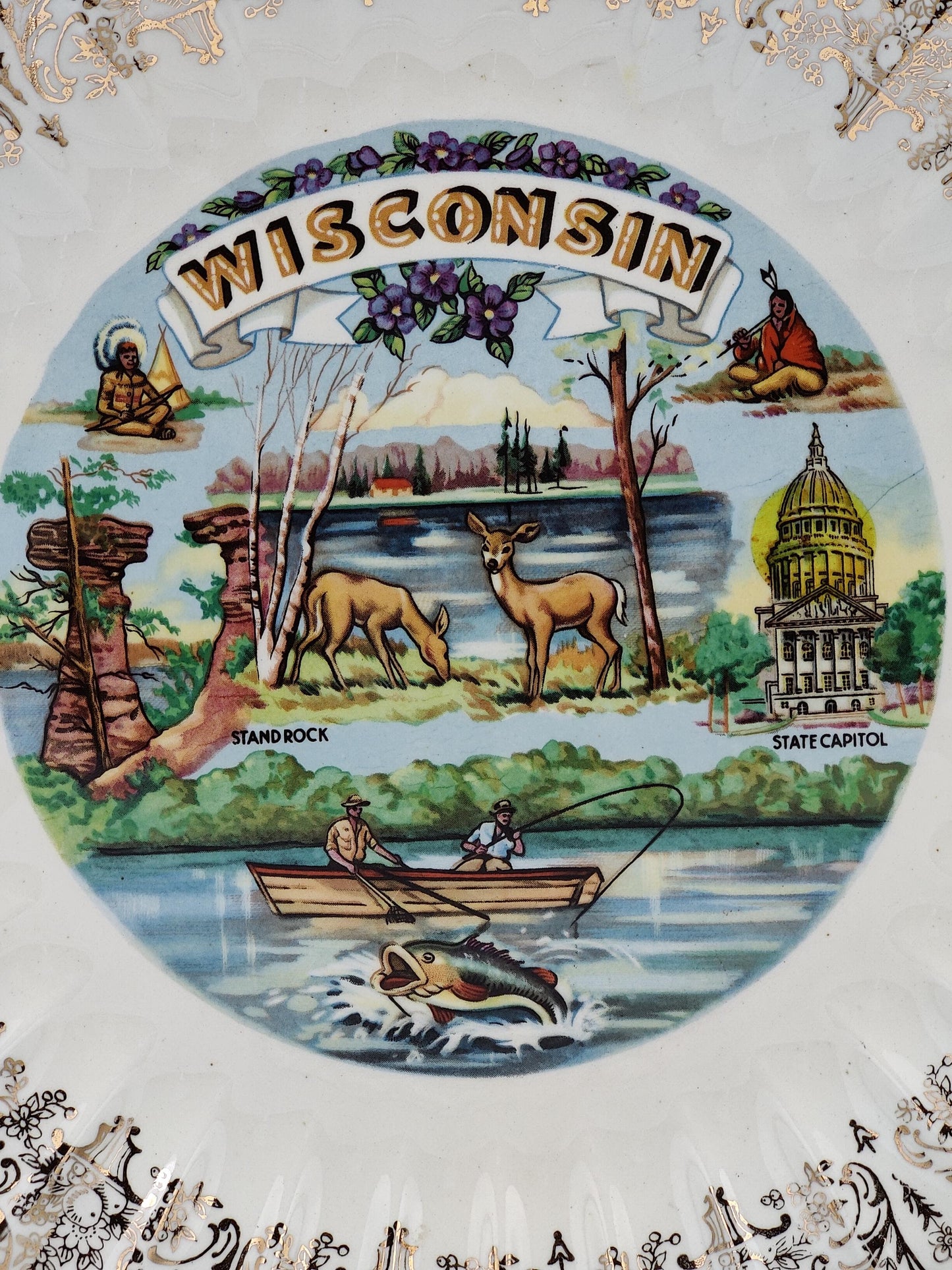VTG 10" Wisconsin State Scalloped Edge Display Plate Gold Rim Unmarked