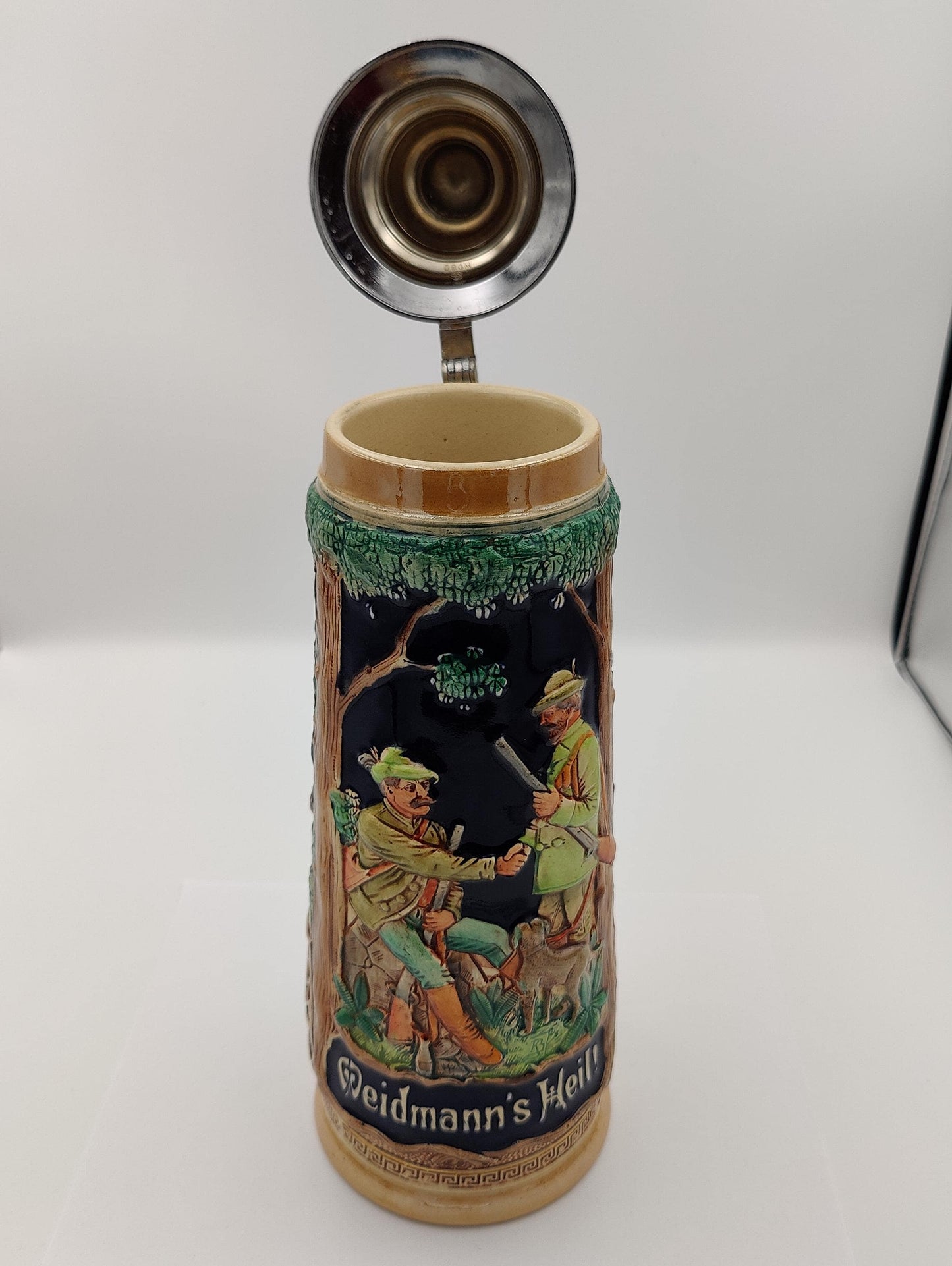 13" TALL GERMAN MADE Stein "Good Hunting" 1.5 L. Handmade Collectors "Weidmanns Heil" Hunters Beer Collector
