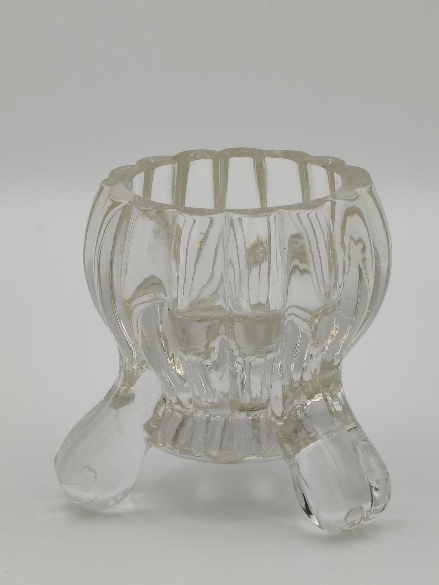 Tri-Footed Peg Legged Ribbed Clear Glass Heavy Candle Holder