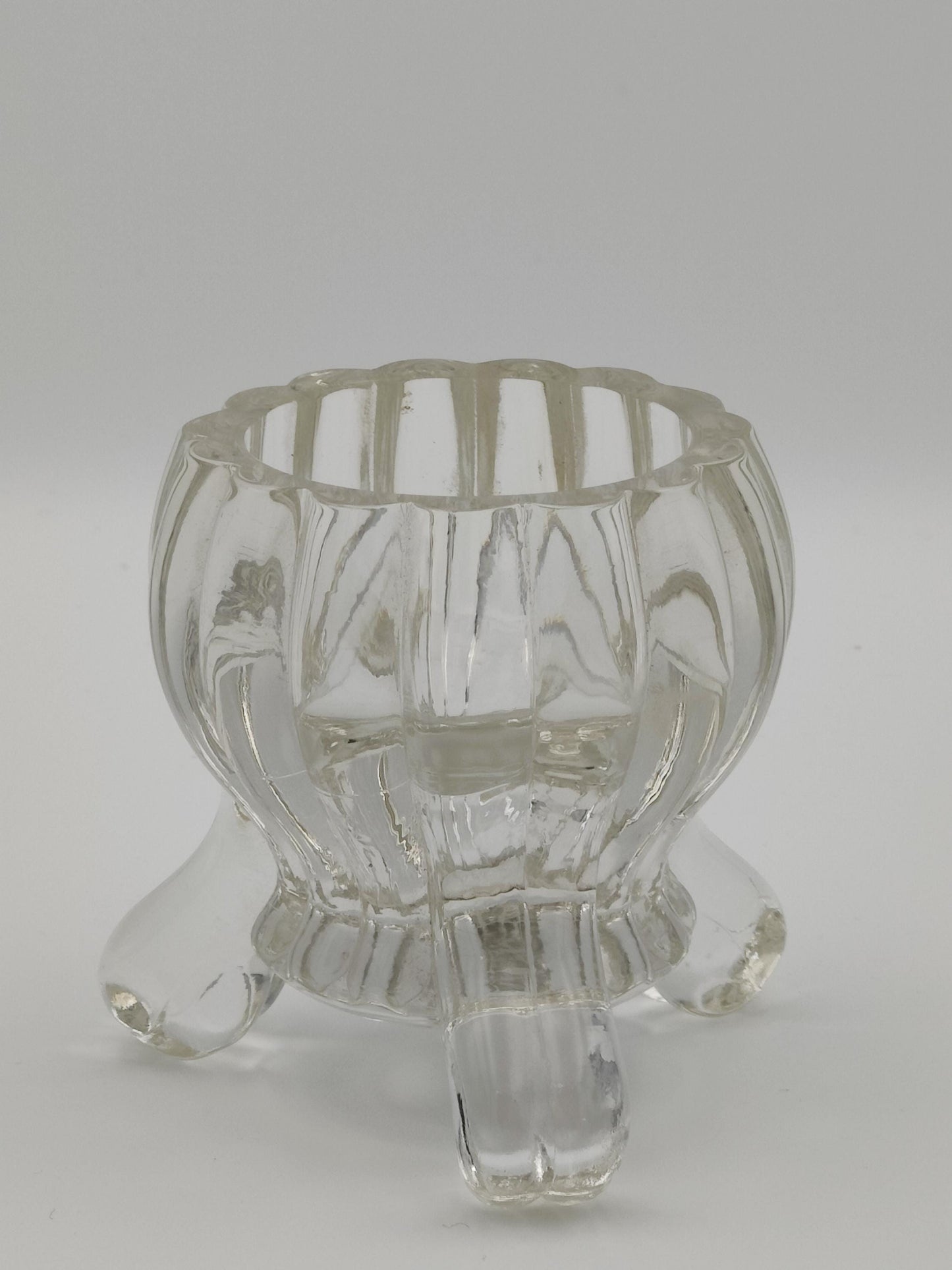 Tri-Footed Peg Legged Ribbed Clear Glass Heavy Candle Holder