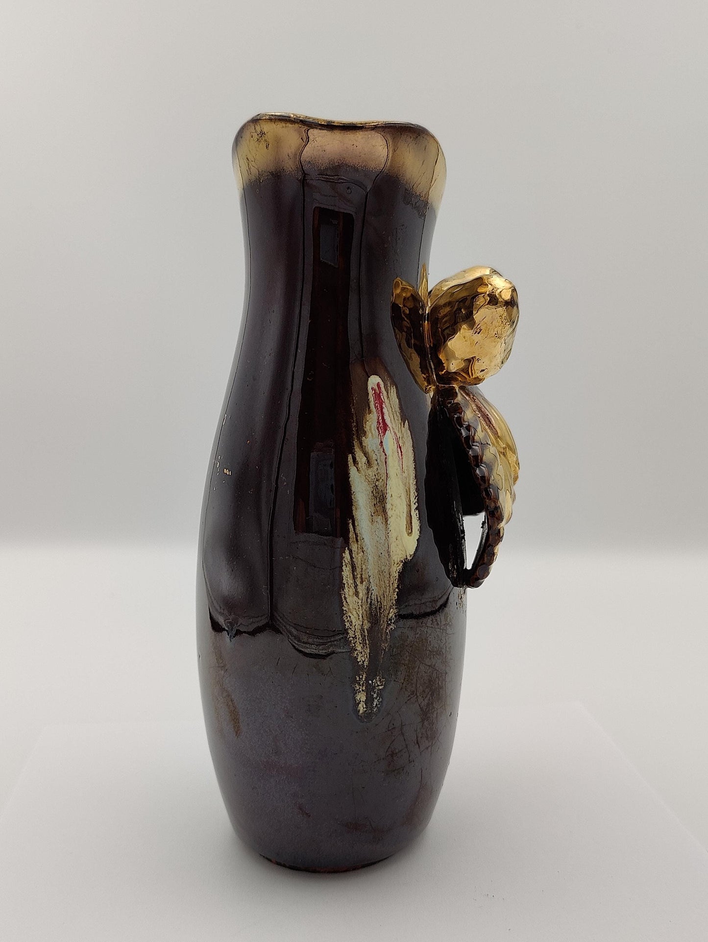 8.5"H Vintage Golden Bronze Chesnut and Leaf Vase