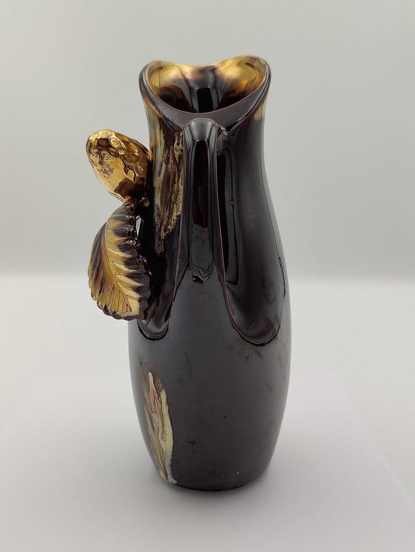 8.5"H Vintage Golden Bronze Chesnut and Leaf Vase