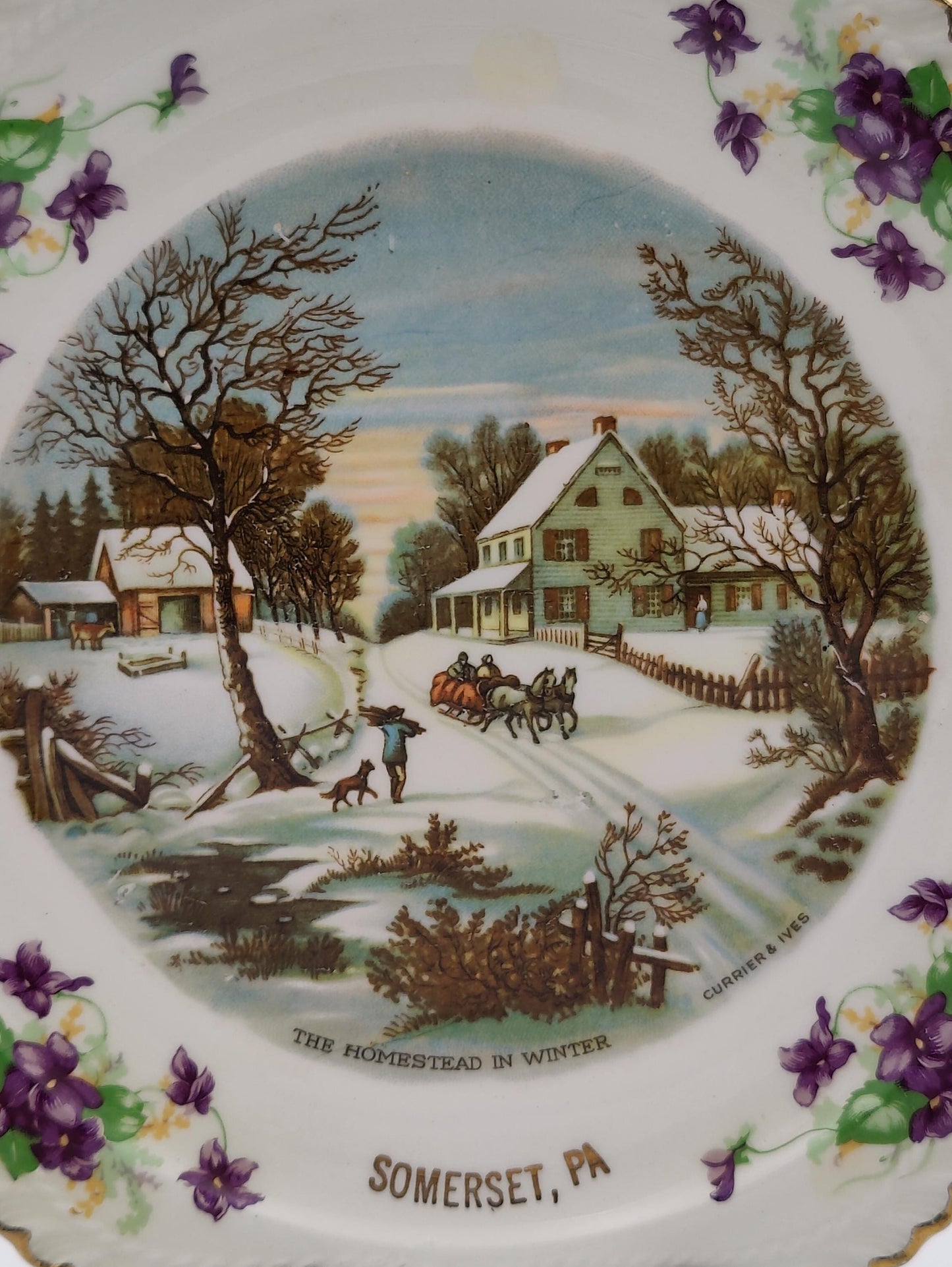 Currier And Ives Homestead in Winter 8"D Gold Edge Sommerset, PA. Vintage Collector Plate
