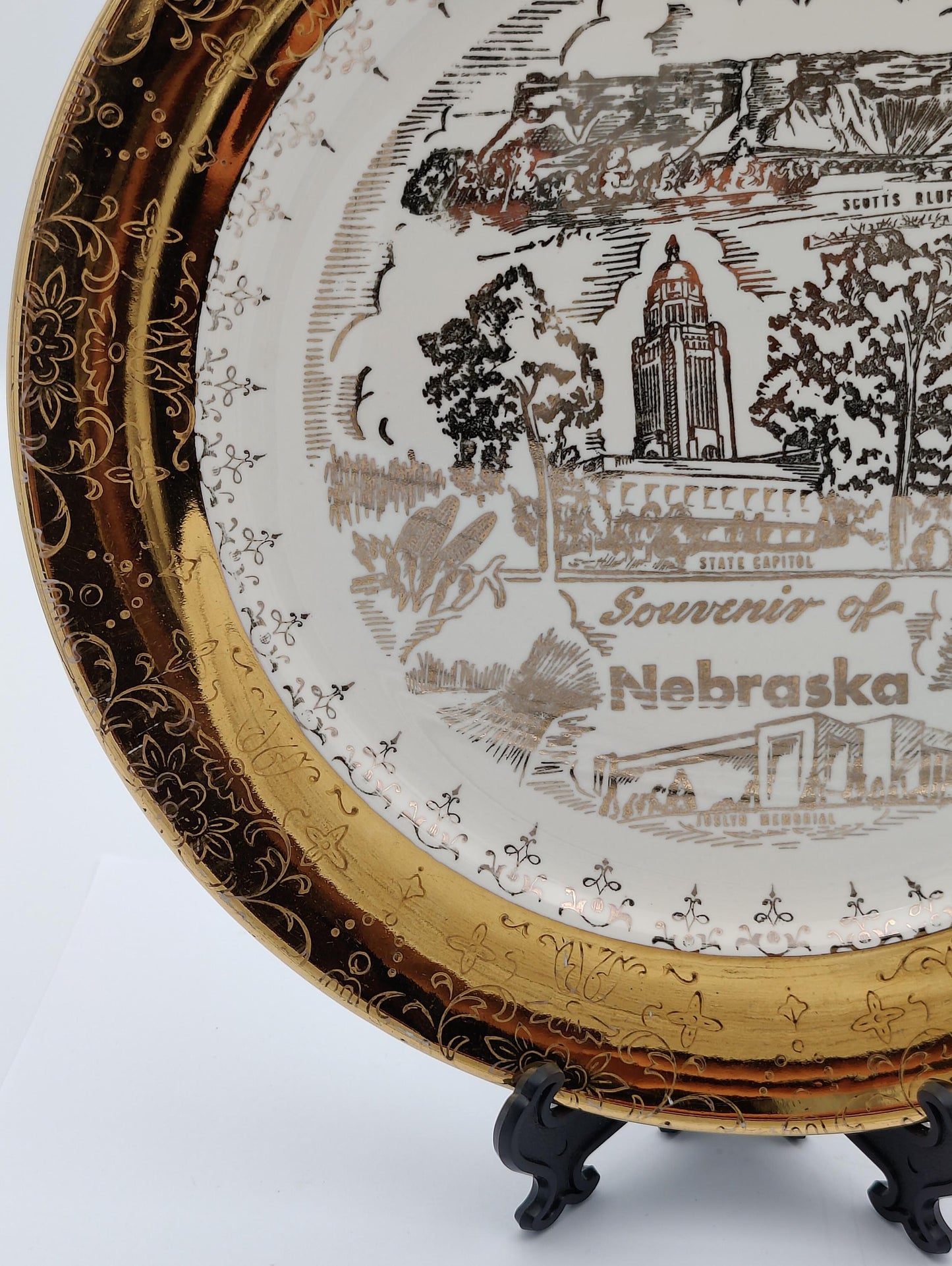 VTG 9" Nebraska Crest O Gold 22k Warranted Souvenir Display Plate