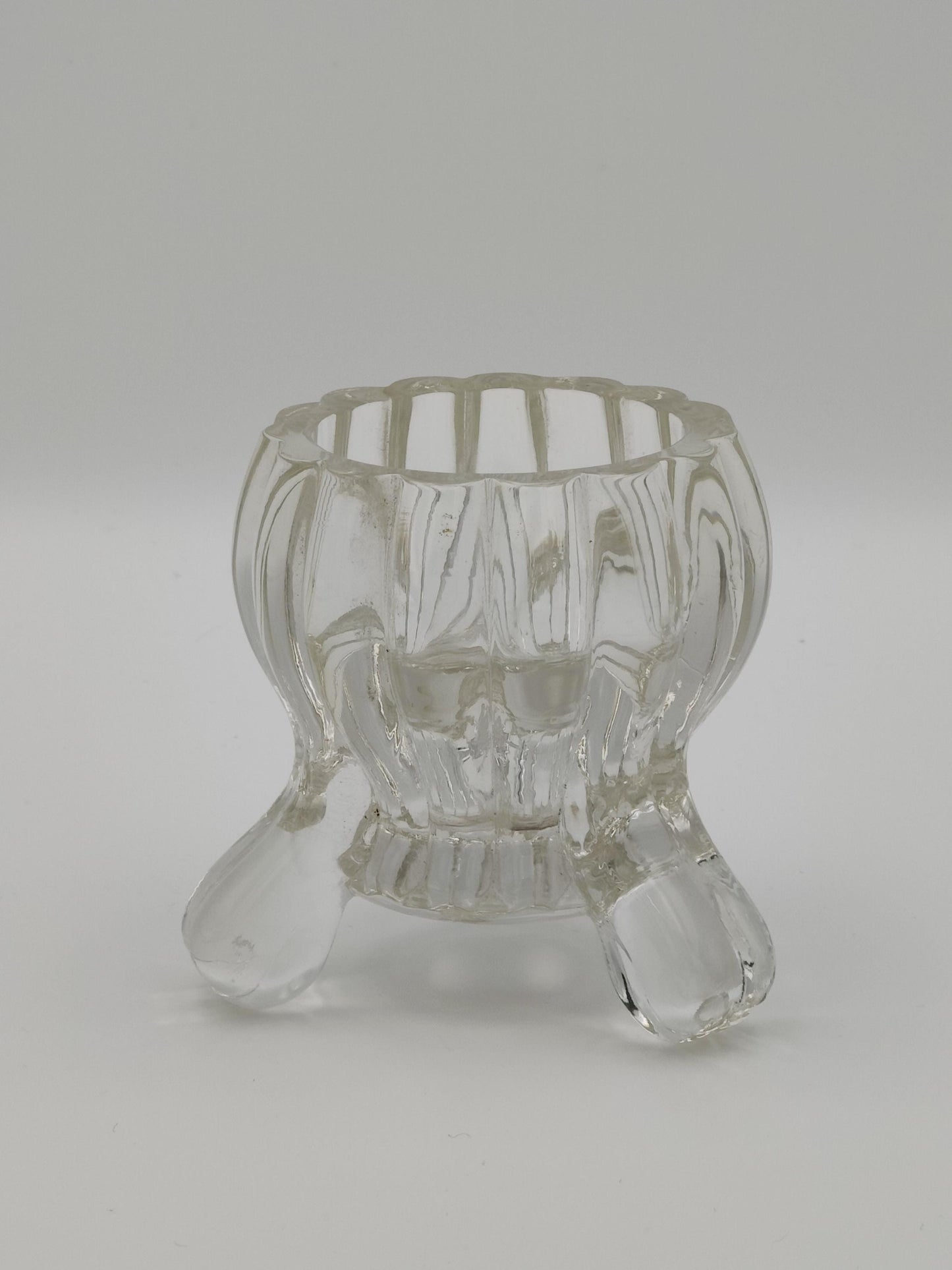 Tri-Footed Peg Legged Ribbed Clear Glass Heavy Candle Holder