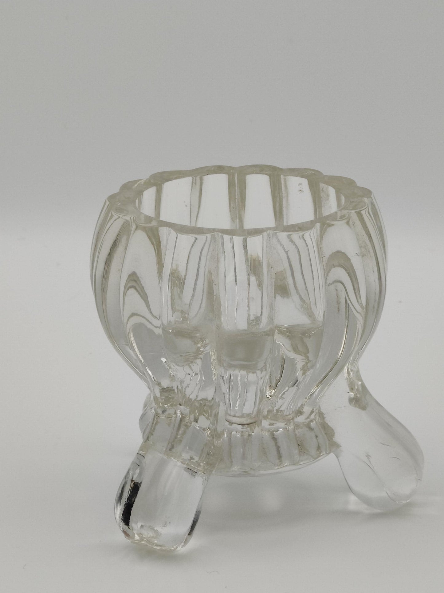Tri-Footed Peg Legged Ribbed Clear Glass Heavy Candle Holder
