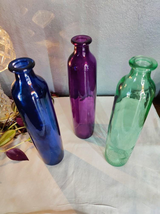 9 1/2" Tall Vintage Colored Vases Cylindrical Cobalt Blue Seafoam Green Amethyst Purple