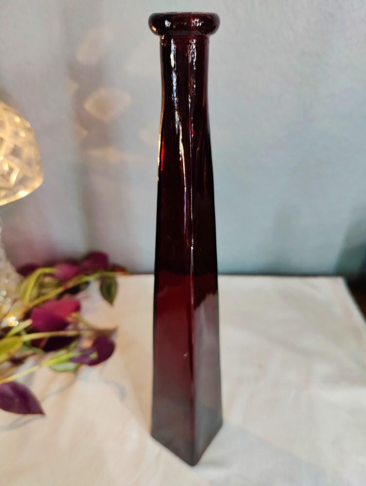 12 1/2" Tall Vintage Ruby Red Square Base 2"x2" Elegant Vase Romantic Date Night Rose Holder