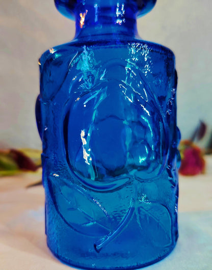 3"x6" small Vintage Bottle Cobalt Blue Vase Raised Fruit Motiff