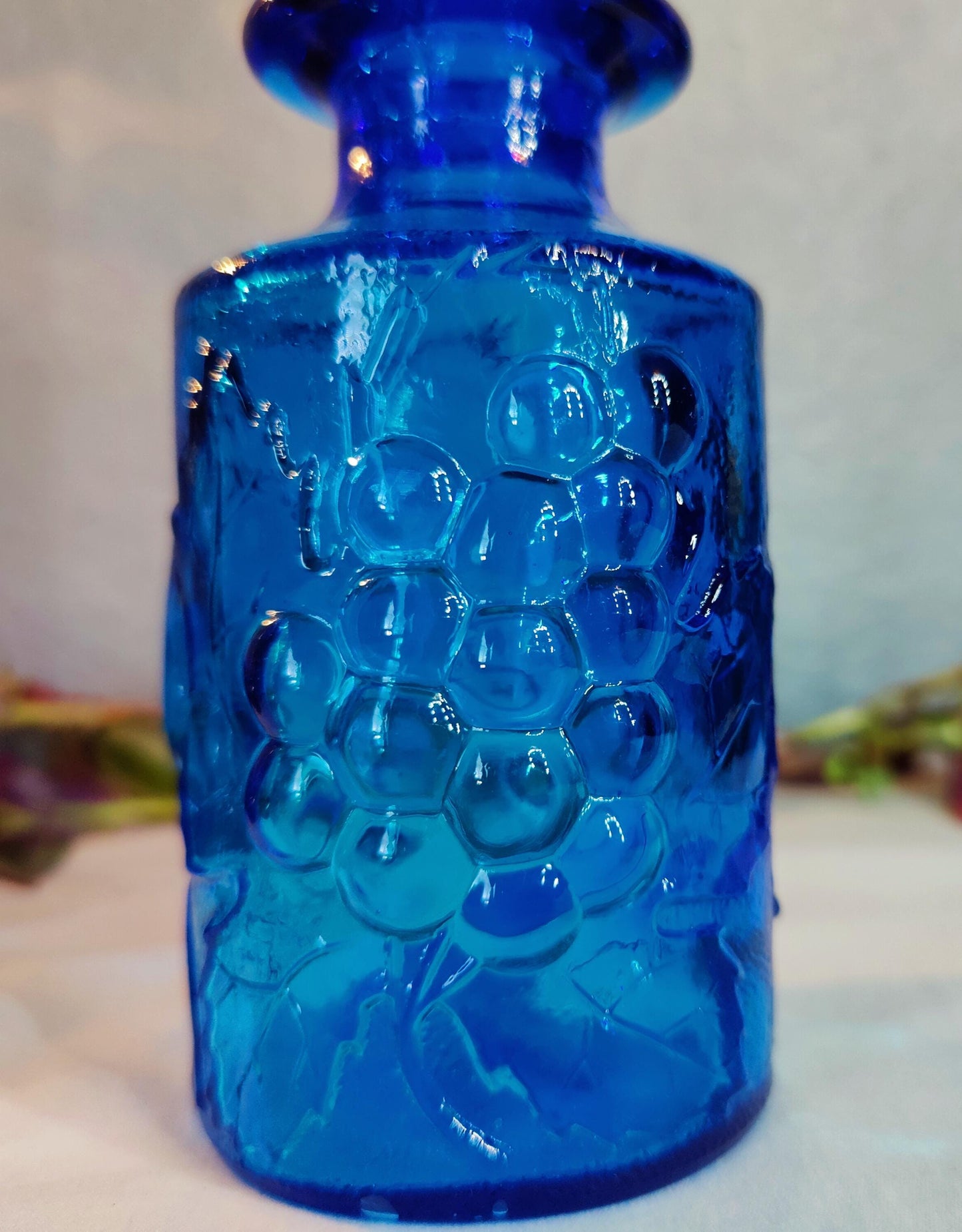 3"x6" small Vintage Bottle Cobalt Blue Vase Raised Fruit Motiff