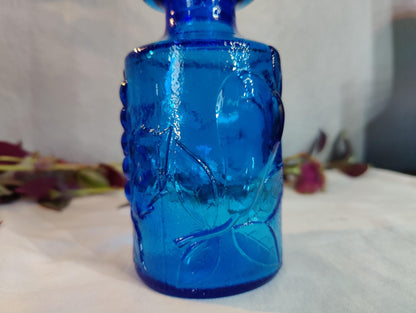 3"x6" small Vintage Bottle Cobalt Blue Vase Raised Fruit Motiff