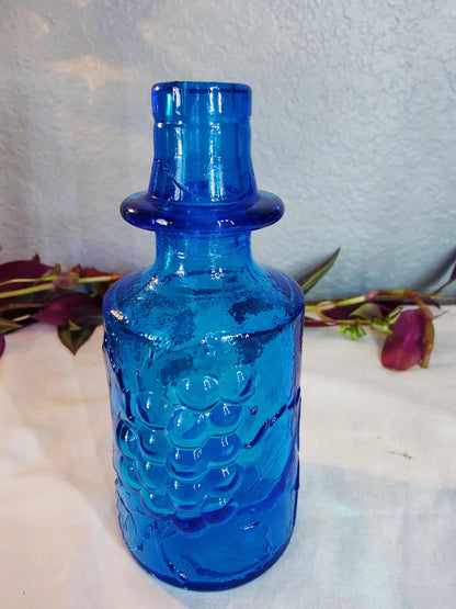 3"x6" small Vintage Bottle Cobalt Blue Vase Raised Fruit Motiff