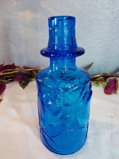 3"x6" small Vintage Bottle Cobalt Blue Vase Raised Fruit Motiff