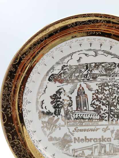 VTG 9" Nebraska Crest O Gold 22k Warranted Souvenir Display Plate