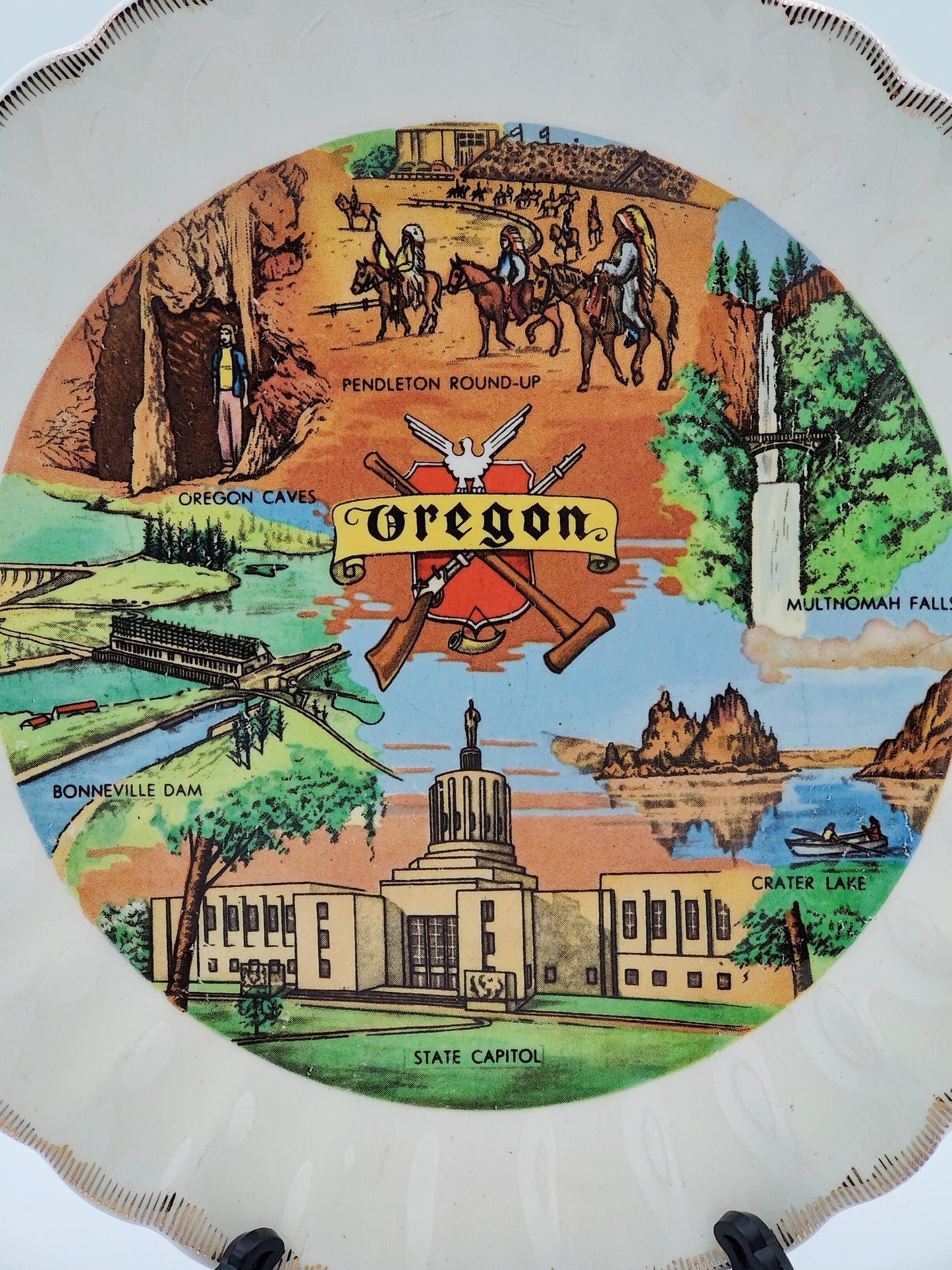 VTG 7.5"D Gold Rimmed Souvenir Plate Oregon State