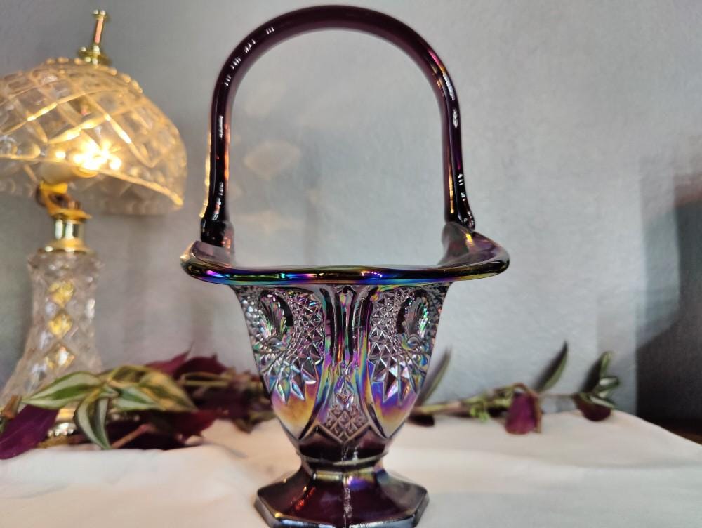 Amazing Amethyst Iridescent Carnival Glass Basket, Indiana Heirloom, This piece has outstanding craftsmanship and is just uniquely stunning. There is a chip on one side of the basket near the handle.. Please contact me if you have any questions.