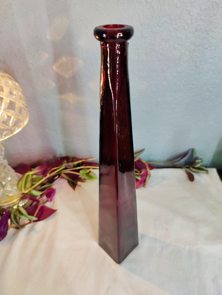 12 1/2" Tall Vintage Ruby Red Square Base 2"x2" Elegant Vase Romantic Date Night Rose Holder