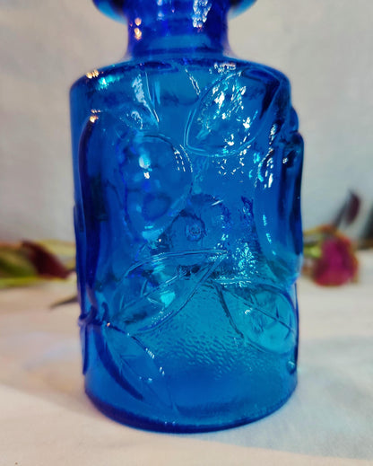 3"x6" small Vintage Bottle Cobalt Blue Vase Raised Fruit Motiff