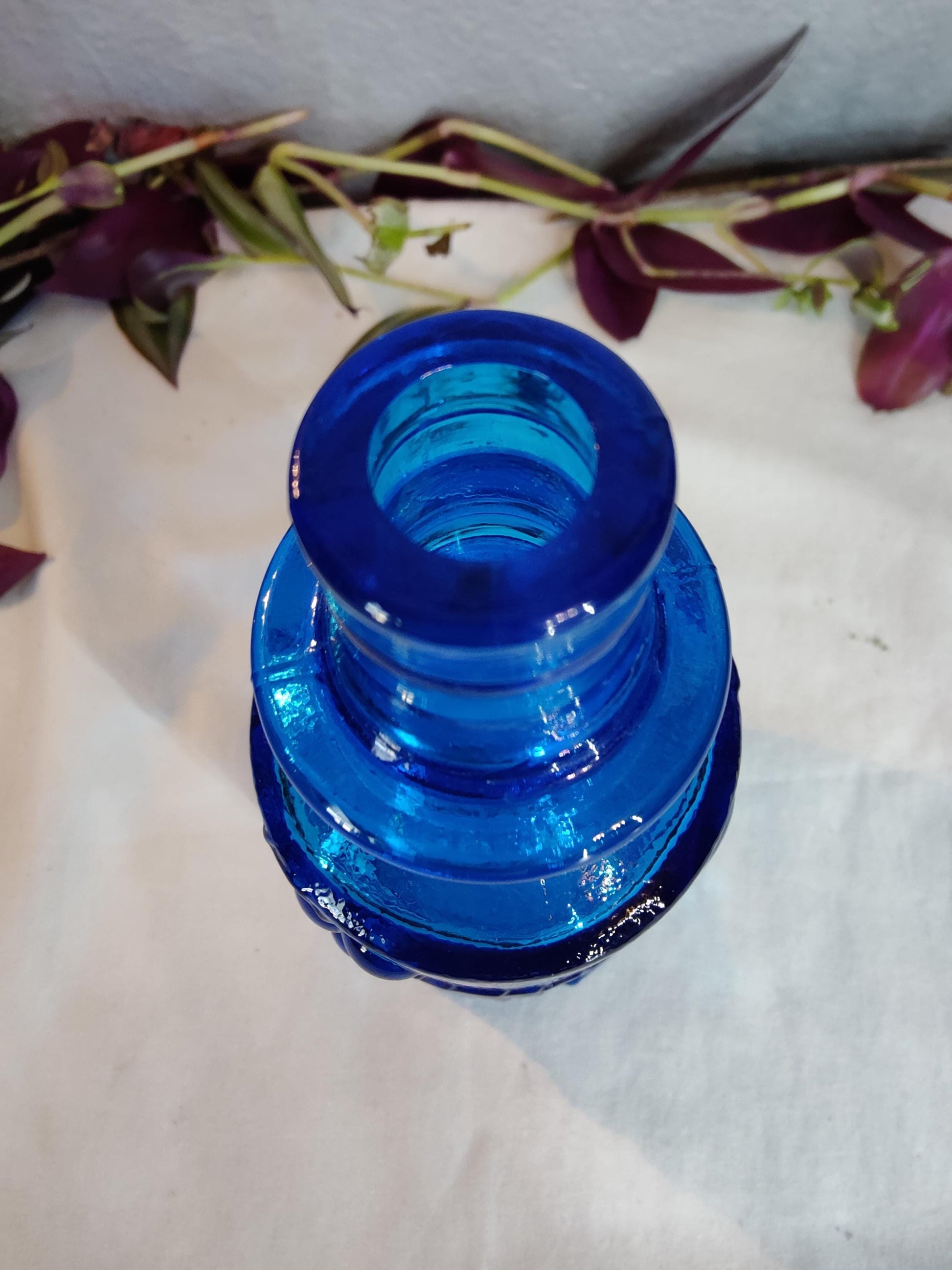 3"x6" small Vintage Bottle Cobalt Blue Vase Raised Fruit Motiff