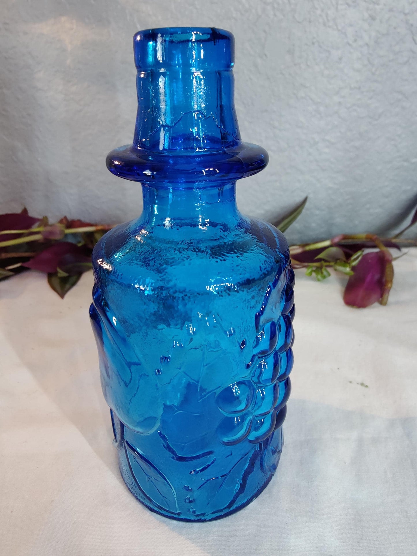 3"x6" small Vintage Bottle Cobalt Blue Vase Raised Fruit Motiff