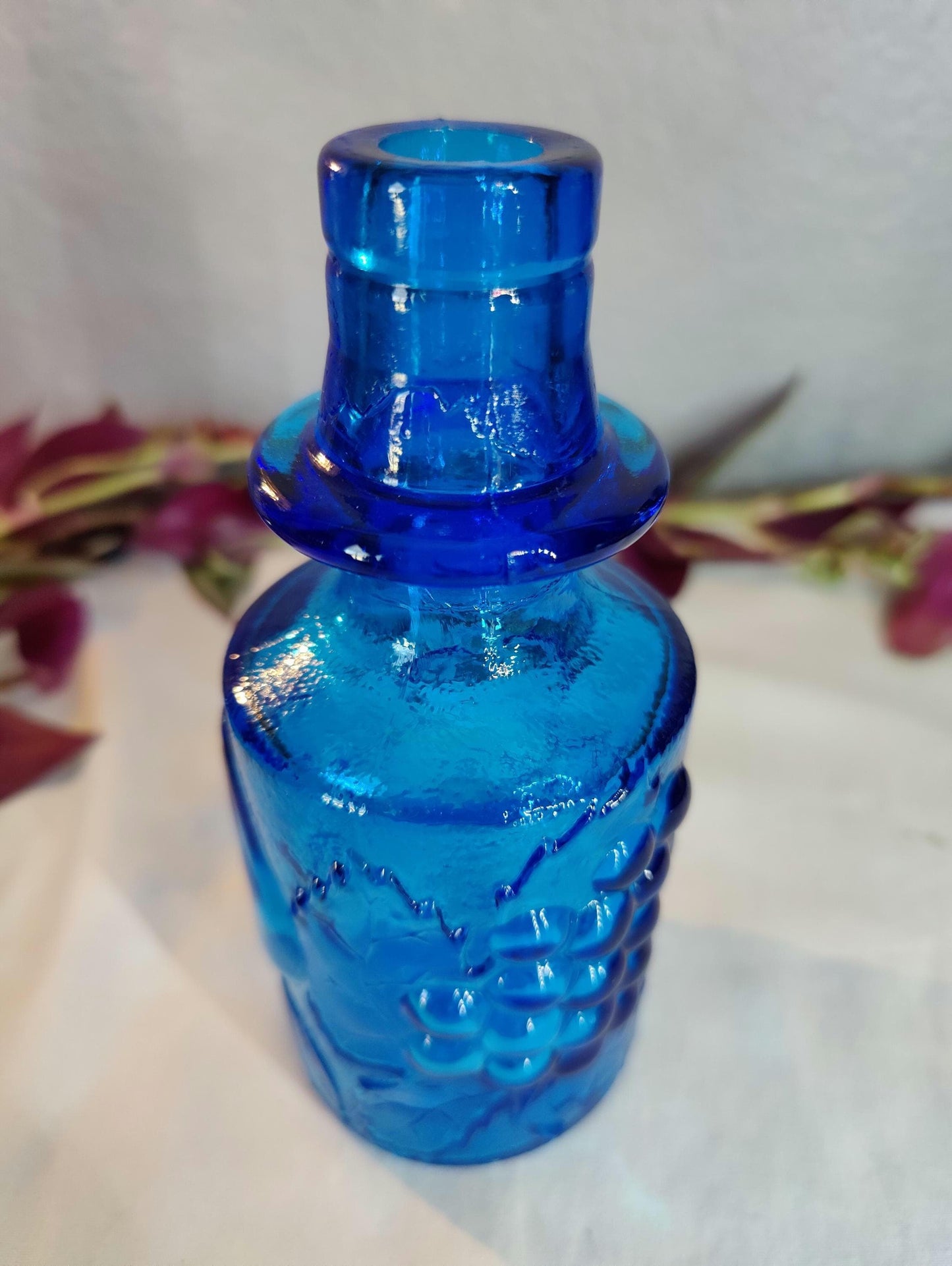 3"x6" small Vintage Bottle Cobalt Blue Vase Raised Fruit Motiff