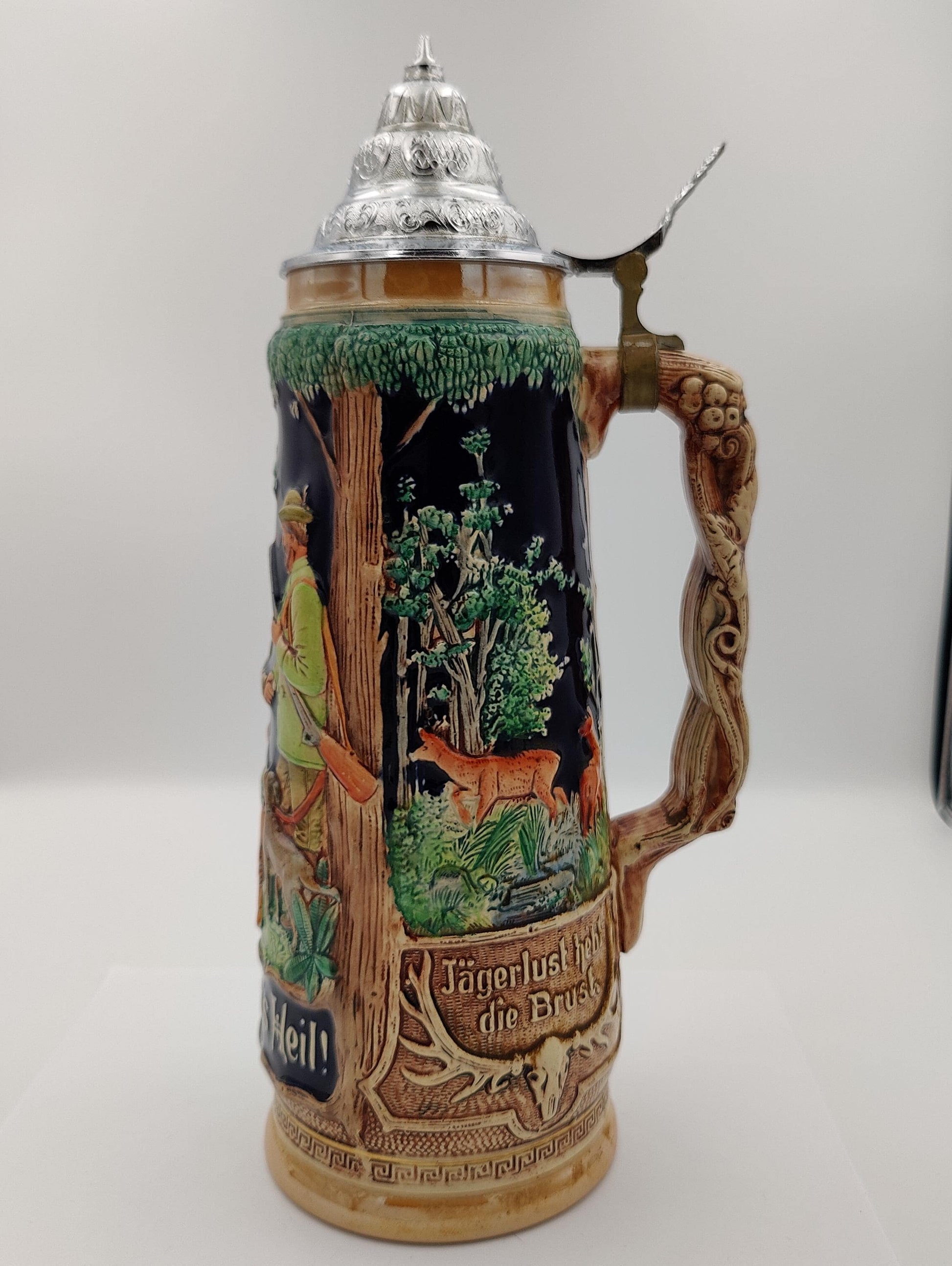 13" TALL GERMAN MADE Stein "Good Hunting" 1.5 L. Handmade Collectors "Weidmanns Heil" Hunters Beer Collector