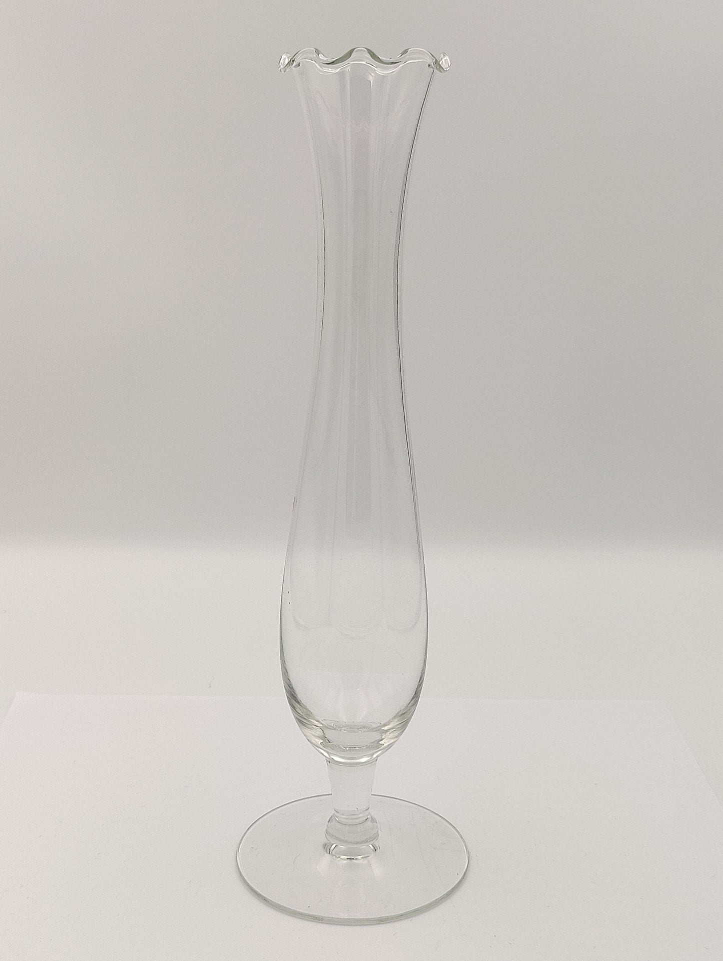 Clear Cylindrical Glass Flower Bud Vase with Serpentine Edge Vintage Tall 10.5"