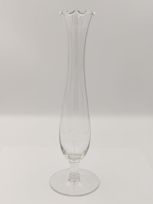 Clear Cylindrical Glass Flower Bud Vase with Serpentine Edge Vintage Tall 10.5"