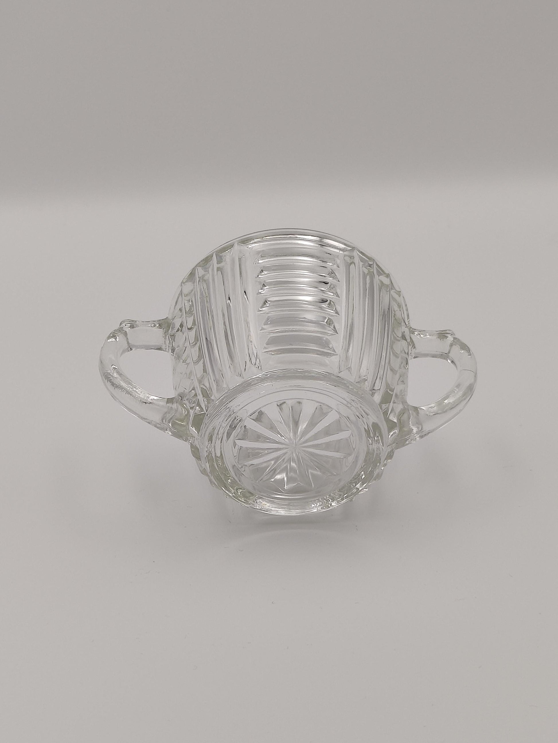 Sugar Bowl by Anchor and Hocking, Ribbed Design, Double Handle, Star Design on Bottom, 2.5"H