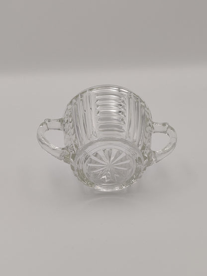 Sugar Bowl by Anchor and Hocking, Ribbed Design, Double Handle, Star Design on Bottom, 2.5"H