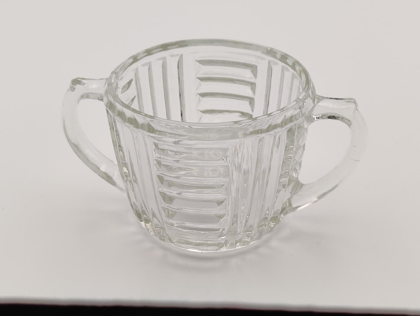 Sugar Bowl by Anchor and Hocking, Ribbed Design, Double Handle, Star Design on Bottom, 2.5"H