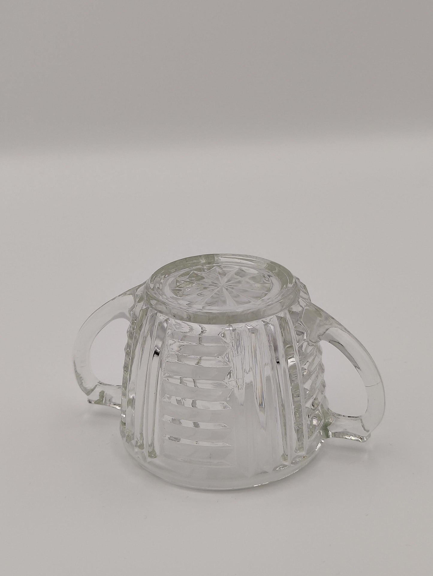 Sugar Bowl by Anchor and Hocking, Ribbed Design, Double Handle, Star Design on Bottom, 2.5"H