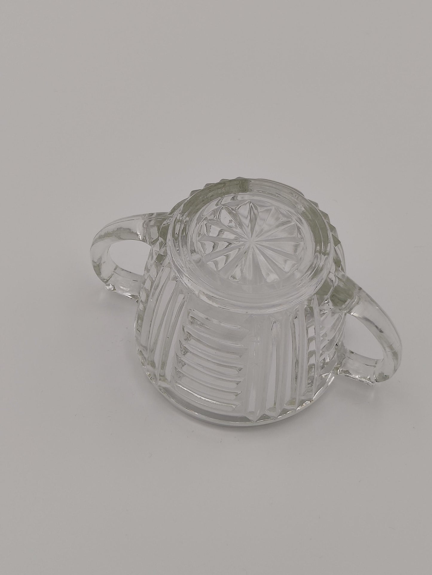 Sugar Bowl by Anchor and Hocking, Ribbed Design, Double Handle, Star Design on Bottom, 2.5"H