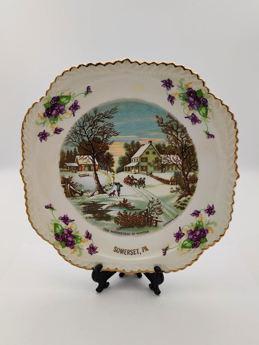 Currier And Ives Homestead in Winter 8"D Gold Edge Sommerset, PA. Vintage Collector Plate