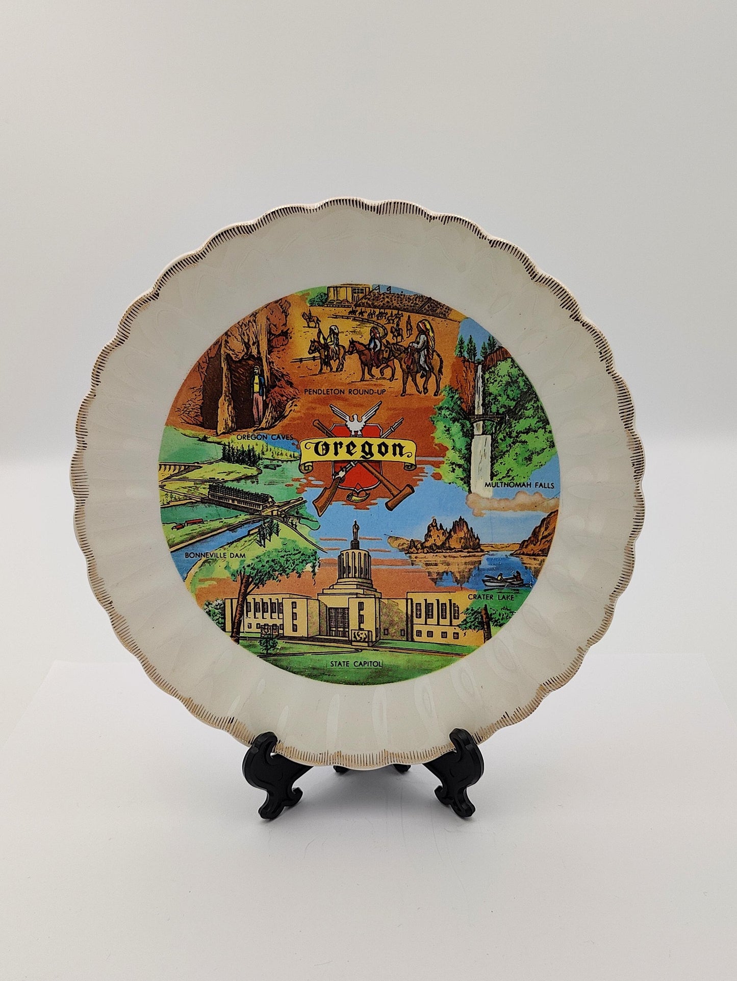 VTG 7.5"D Gold Rimmed Souvenir Plate Oregon State