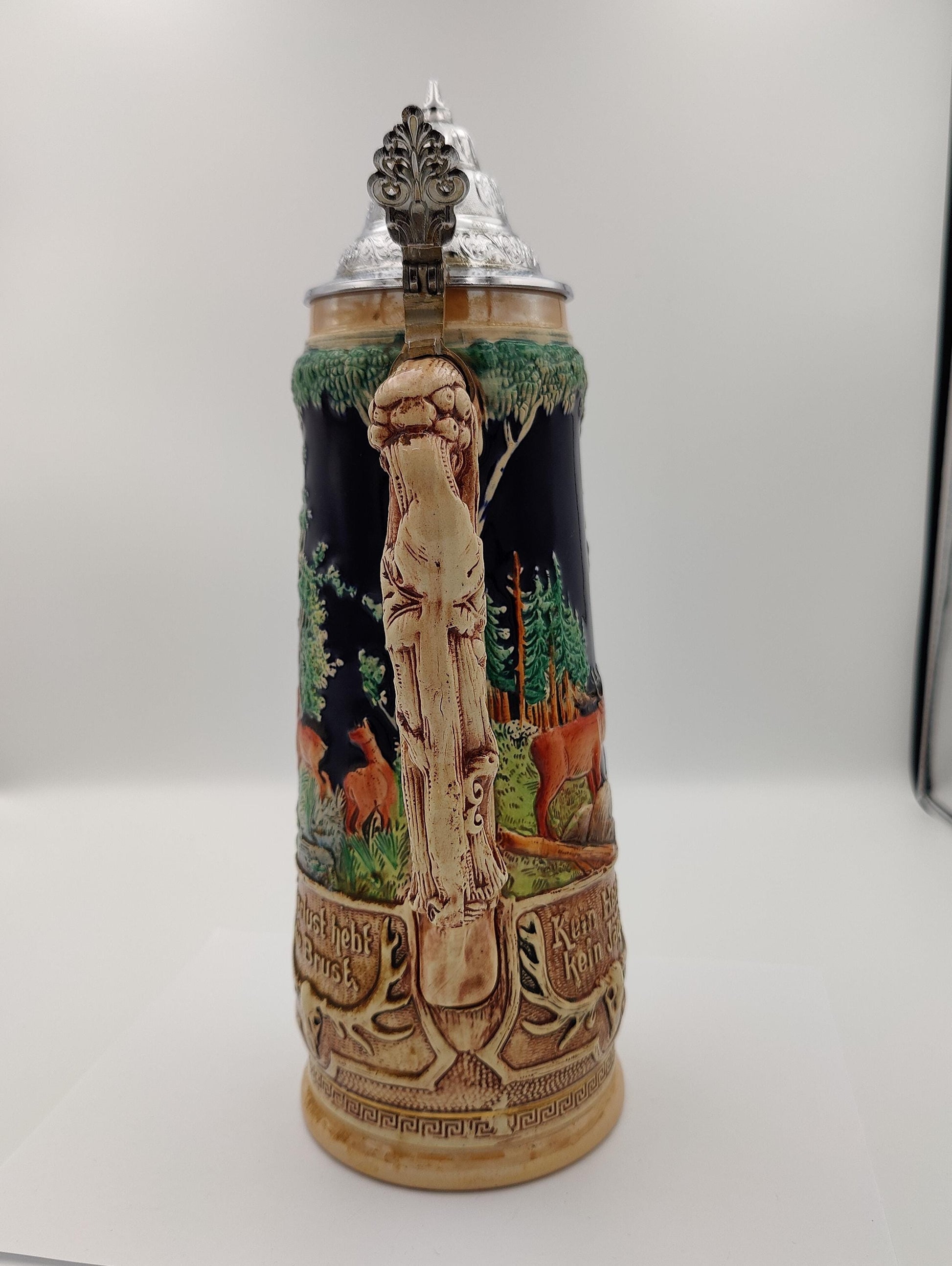 13" TALL GERMAN MADE Stein "Good Hunting" 1.5 L. Handmade Collectors "Weidmanns Heil" Hunters Beer Collector