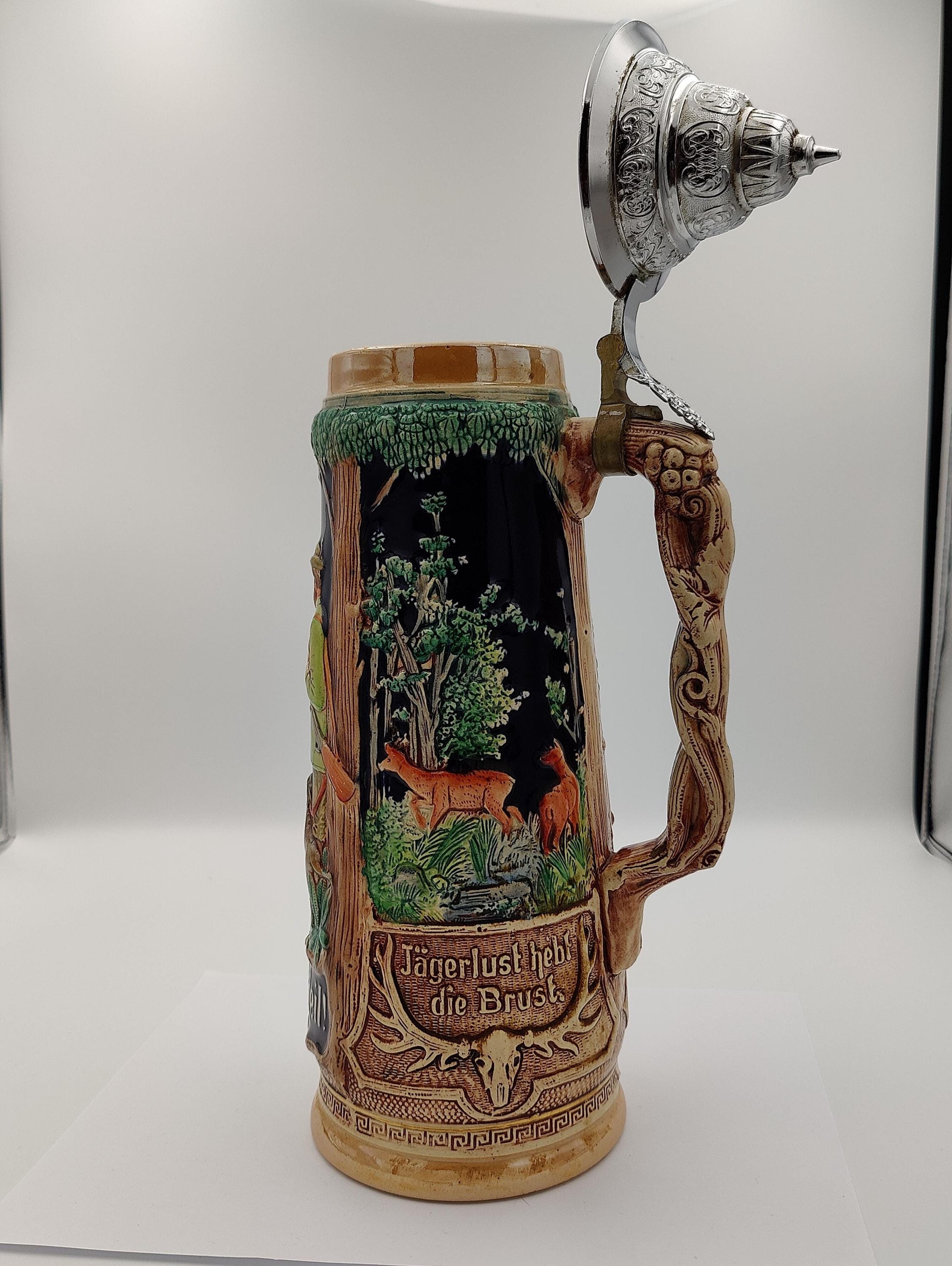 13" TALL GERMAN MADE Stein "Good Hunting" 1.5 L. Handmade Collectors "Weidmanns Heil" Hunters Beer Collector