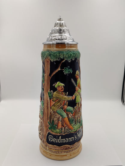 13" TALL GERMAN MADE Stein "Good Hunting" 1.5 L. Handmade Collectors "Weidmanns Heil" Hunters Beer Collector