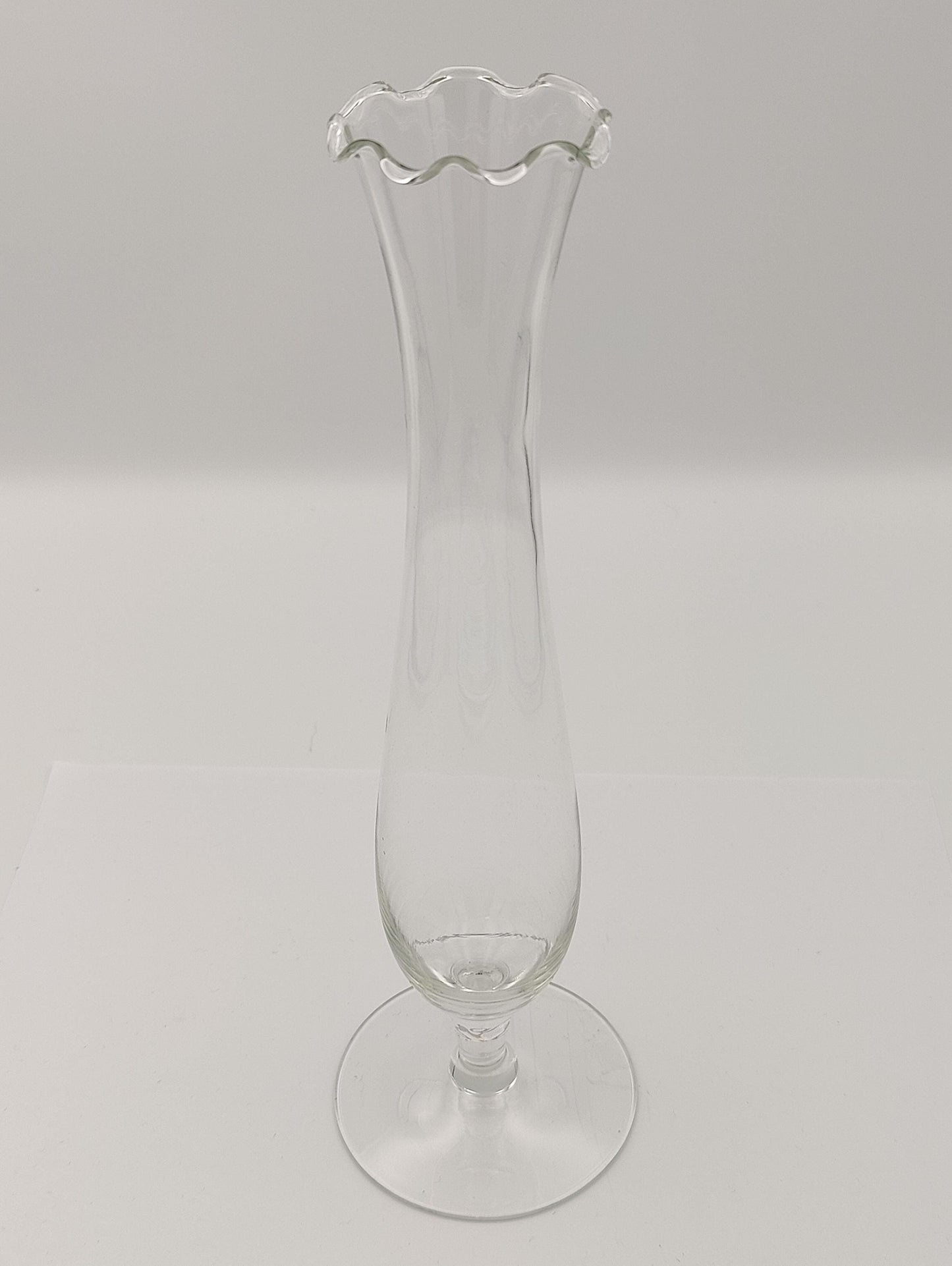 Clear Cylindrical Glass Flower Bud Vase with Serpentine Edge Vintage Tall 10.5"