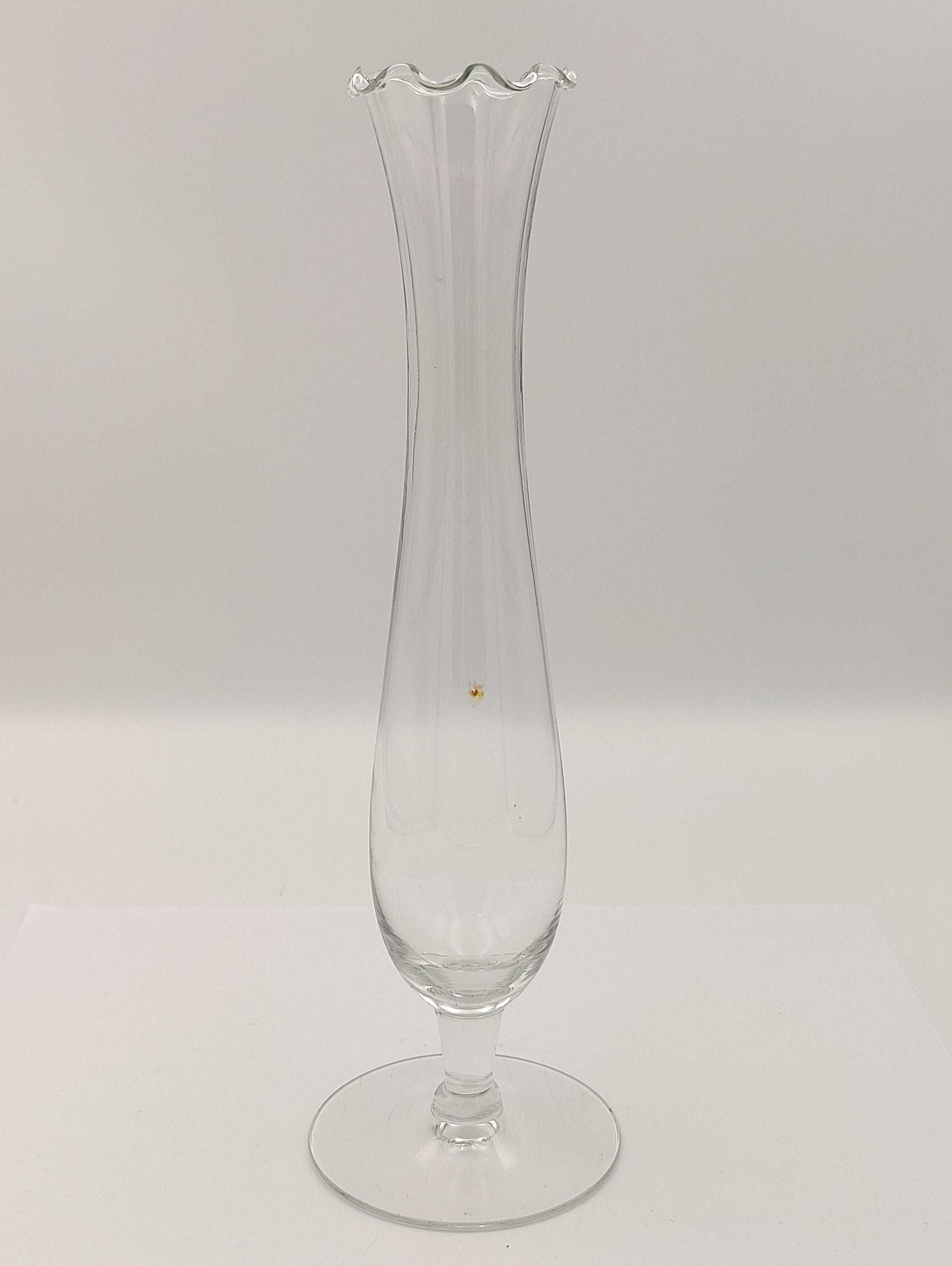 Clear Cylindrical Glass Flower Bud Vase with Serpentine Edge Vintage Tall 10.5"