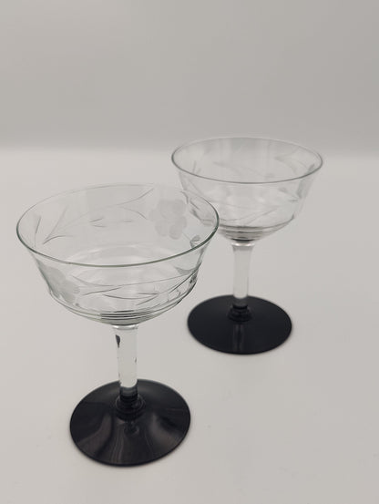 Vintage Floral Etched Cocktail Champagne Glasses with Black Base 2pc Set