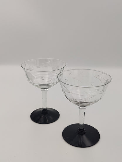 Vintage Floral Etched Cocktail Champagne Glasses with Black Base 2pc Set