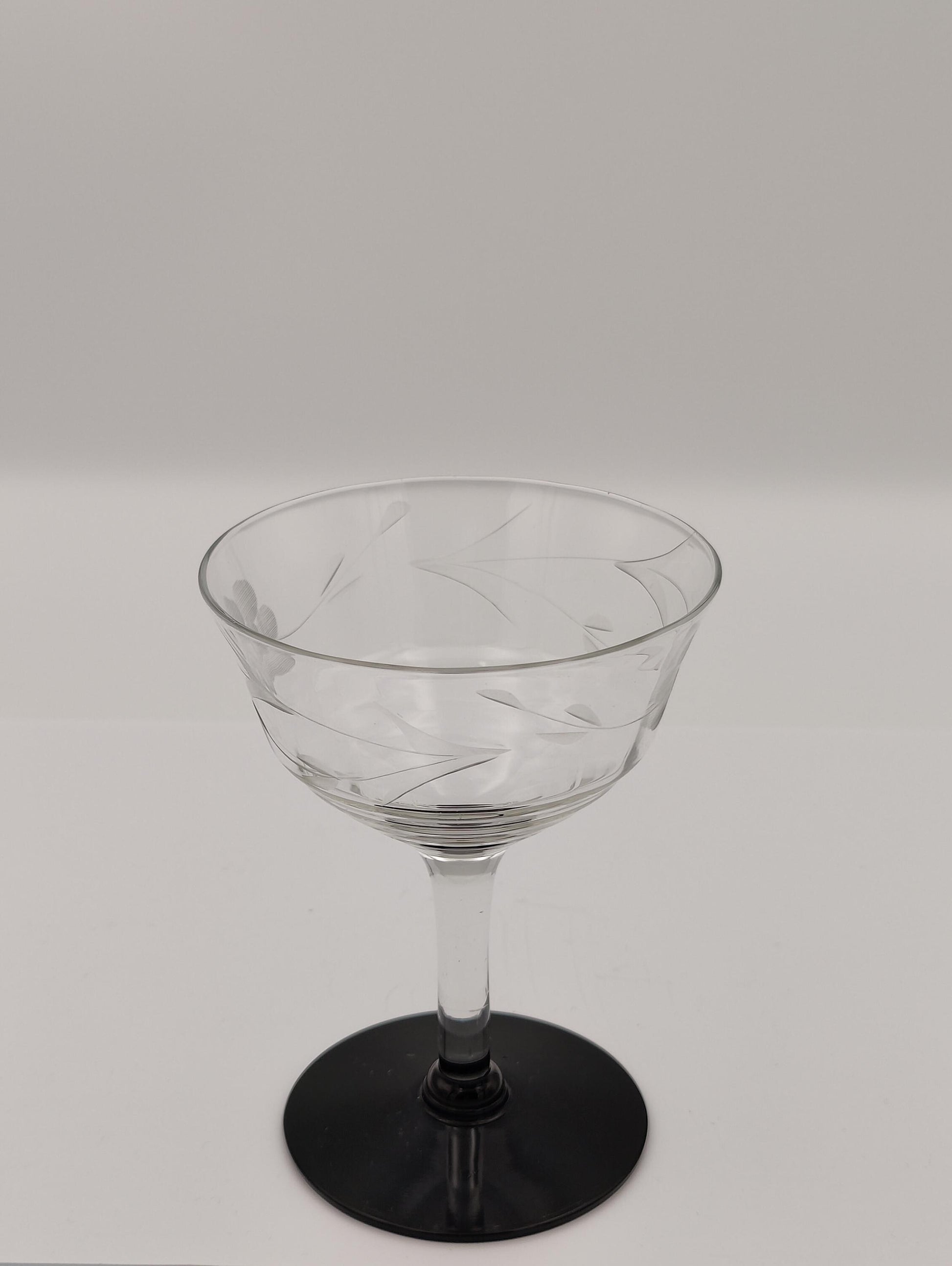 Vintage Floral Etched Cocktail Champagne Glasses with Black Base 2pc Set