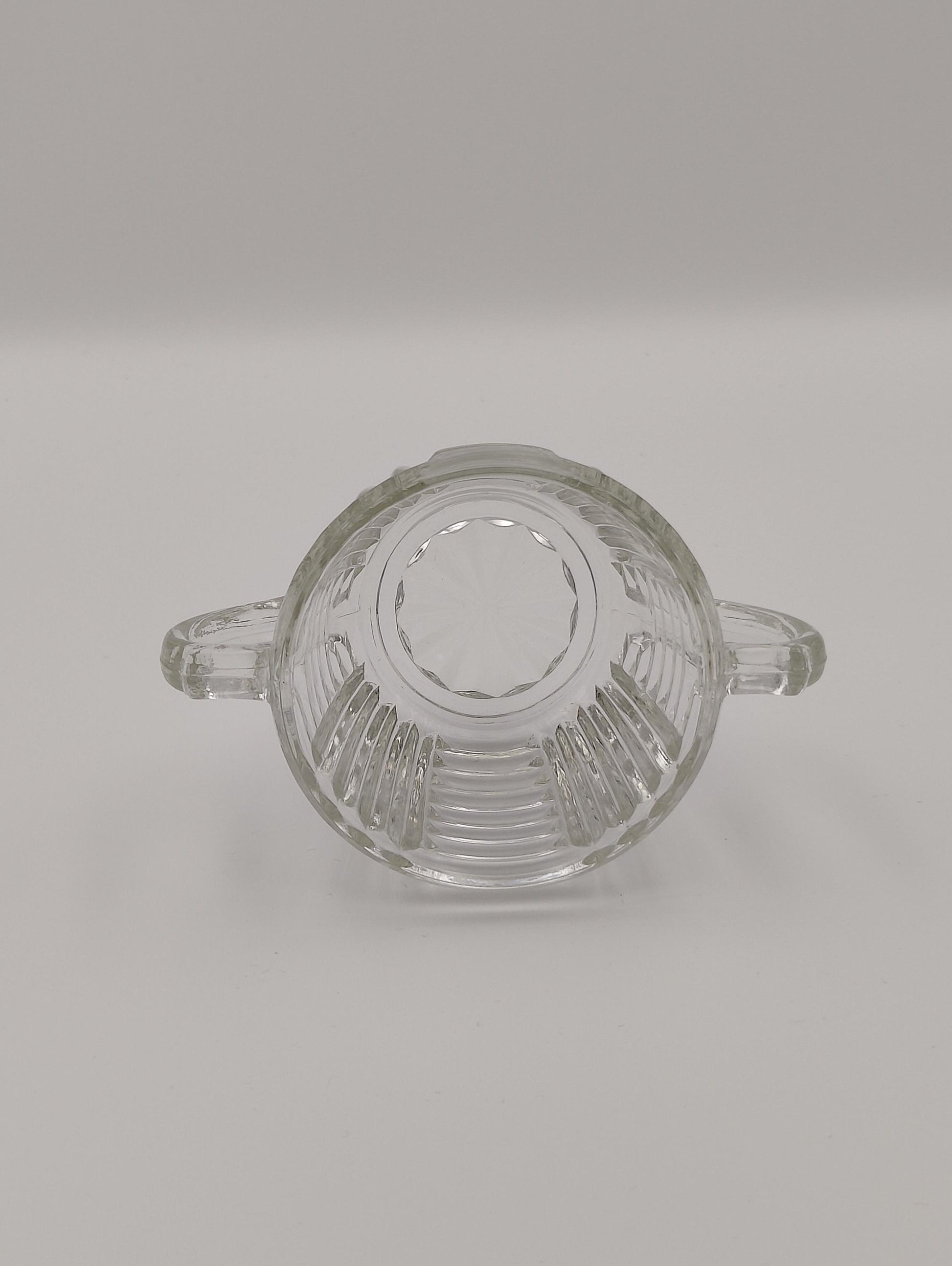 Sugar Bowl by Anchor and Hocking, Ribbed Design, Double Handle, Star Design on Bottom, 2.5"H