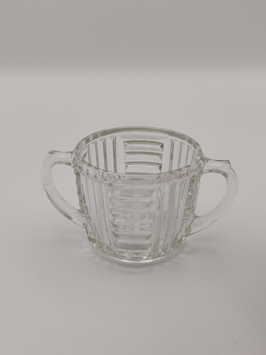 Sugar Bowl by Anchor and Hocking, Ribbed Design, Double Handle, Star Design on Bottom, 2.5"H