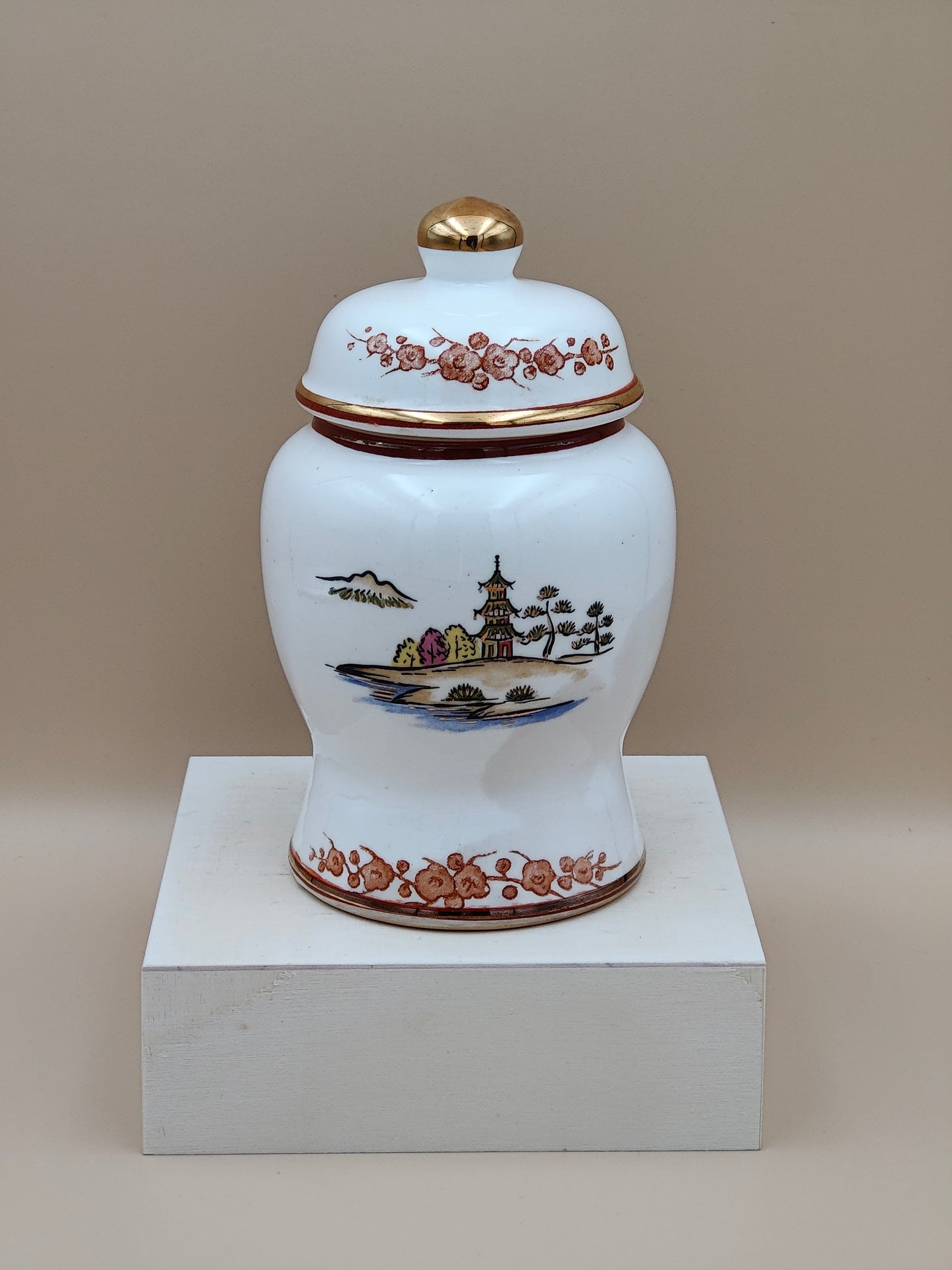 Vintage Medium Ginger Jar Porcelain Japan White Gold Japanese Village 5.5"