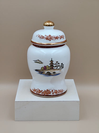 Vintage Medium Ginger Jar Porcelain Japan White Gold Japanese Village 5.5"